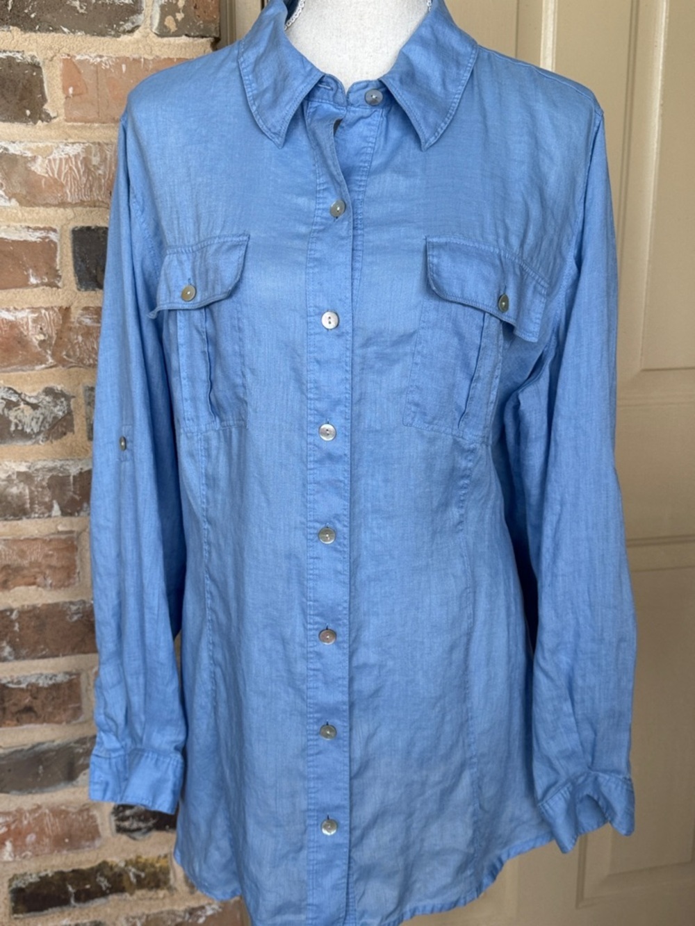 Chaus Light Blue Linen Button Up Top Jacket Vacation Chic Coastal Plus Sz 16W